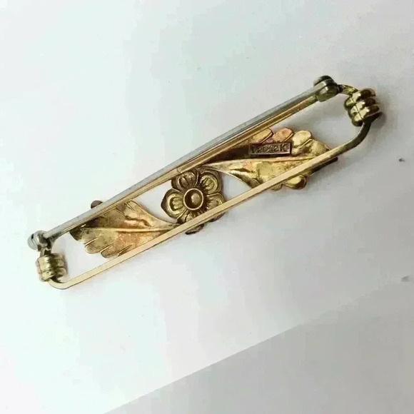 Gold Art Nouveau Brooch Rose Roses Leaves Brooch 12 Kt GF Vintage Repousse - Picture 6 of 6